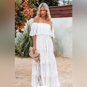 Ivory and nude lace maxi dress.